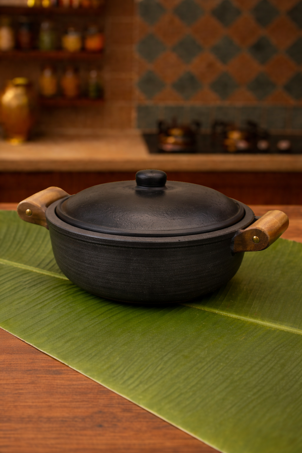 CLAY KADAI WITH LID AND WOODEN HANDLE (BLACK)
